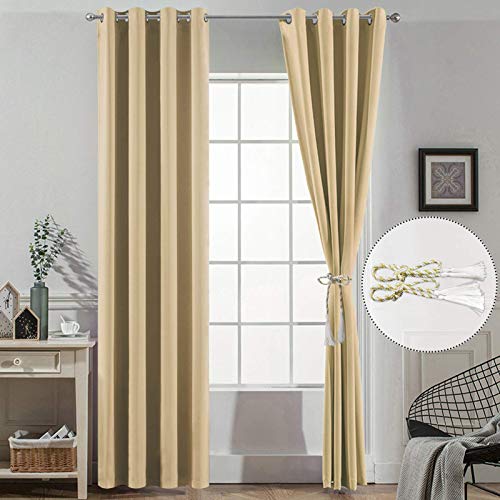 Yakamok Thermal Insulated Grommet Blackout Draperies/Drapes for Bedroom Window,Room Darkening Curtain Panels with 2 Tie Backs Included (2 Panels, W52 x L84 -Inch, Beige)