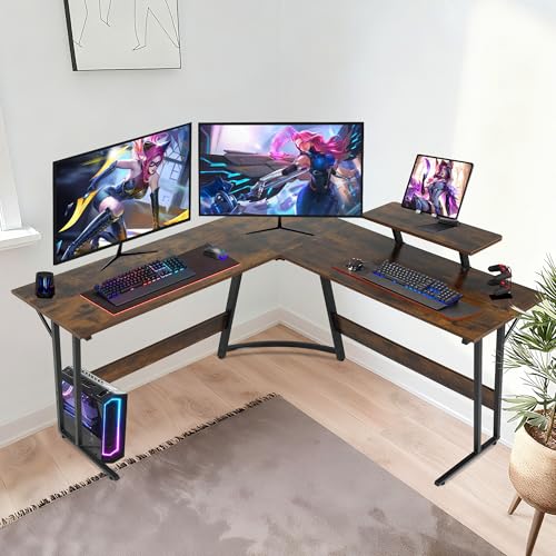 Image of L Shaped Gaming Desk, 50 inch Corner Desk, Spacious Dual Tops, P2 Particleboard, Metal Z-Legs, Adjustable Non-Slip Pads, Scratch /Waterproof, Multi-Use Home Office /Game Room /Dorm