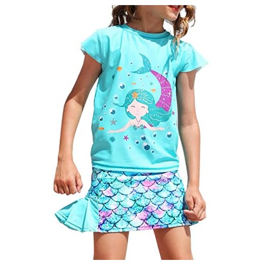 weVSwe Traje De Baño para Niñas Conjunto De Pantalón Corto/Falda UPF 50+ Tejido Reciclado De Dos Piezas Protección UV Verano Playa Verde Sirena 5-6 Años
