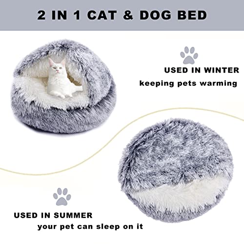 Cat Cave Bed Round Plush Fluffy Hooded Cat Bed Cozy For Indoor Cats Or Small Dog Beds, Cushion Sofa For Small Dogs Soothing Pet Beds Doughnut Calm Anti-Nxiety Dog Bed - Waterproof Bottom Washable #TOP1