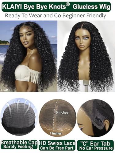 Image of KLAIYI Water Wave Curly Bye Bye Knots Glueless Wigs Human Hair 7x5 Precut Lace Front Drawstring Wig with Baby Hair Pre Plucked Bleached Pre Everything Ready to Wear and Go Wig Beginner Friendly 24Inch