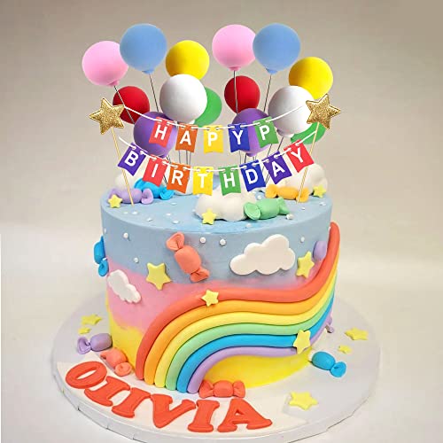 14Pcs Colorful Balloon Cake Topper And 1Pcs Happy Birthday Banner Cake Topper Cupcake Toppers For Baby Shower Birthday Party Cake Decoration #TOP5