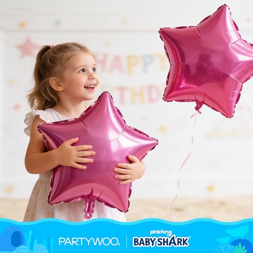 Image of PartyWoo Baby Shark Pink Foil Number 1 Balloon 5pcs 40 18 Inch Pink Round Star Mylar Helium Birthday Balloons for Boys and Girls Baby Shark Under the Sea Ocean Kids First Birthday Party Decorations