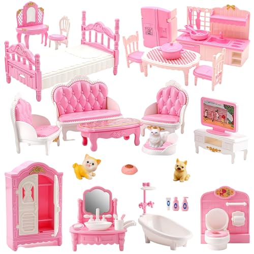 36Pcs Dollhouse Furniture Sets Miniature 1:12 Scale Doll House Accessories and Furniture with Cat Dog Kitchen Dining Room Living Room Bedroom for Playhouse Toy(Pink)