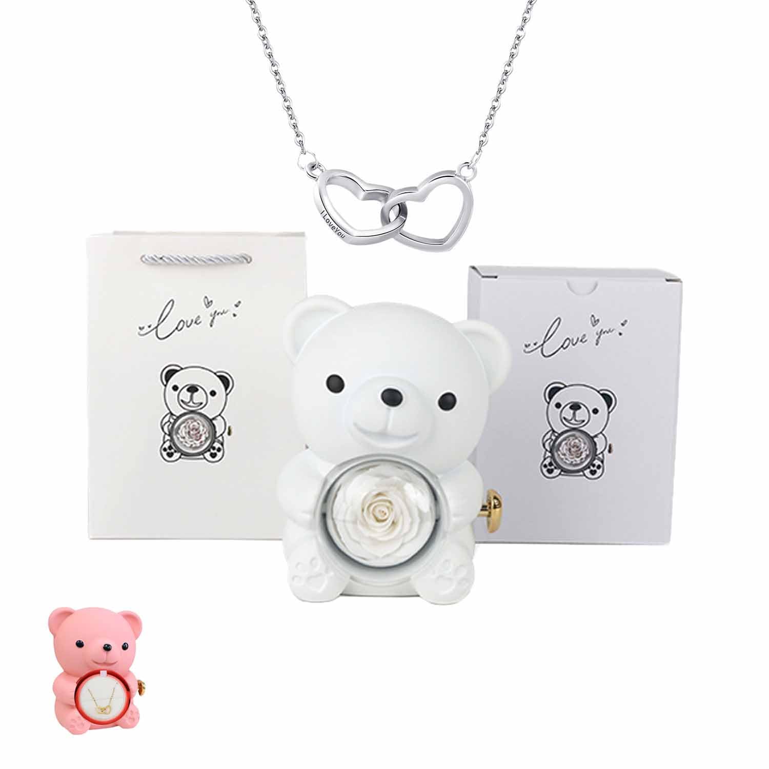Preserved Rose Hug Bear Prezenty dla kobiet z naszyjnikiem w kształcie serca, wieczne kwiaty róży, niedźwiedź, prezenty dla żony, mamy, babci, dziewczyny, na Boże Narodzenie, walentynki, urodziny