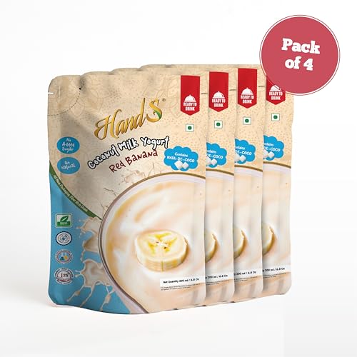 Image of HandS Flavoured Coconut Yogurt - Dairy Free All Natural | Includes Fresh Fruit Pulp & Palm Sugar Crystal | No added Preservatives or Chemicals | Plant Based Vegan Drink (Banana, Pack of 4)