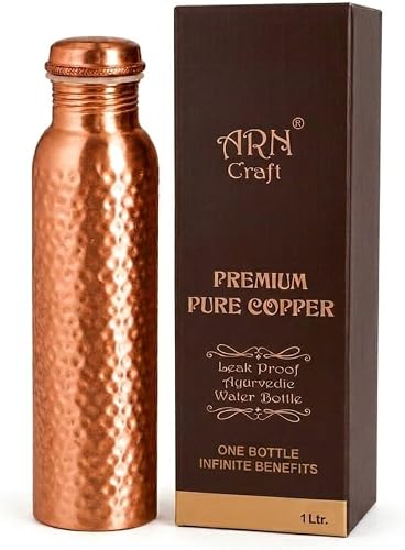 ARNCRAFT Handmade Pure Copper Water Bottle, 34oz, Hammered Finish, Cylindrical, 