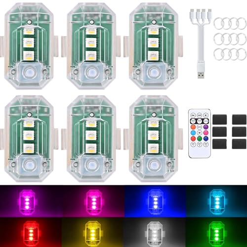 6PCS Wireless LED Strobe Lights with Remote Control, Upgraded to 350 mAh USB Rechargeable 8-Color High Brightness Waterproof Anti-Collision Warning Lights for Car, Motorcycle, Drone, Truck, Bike