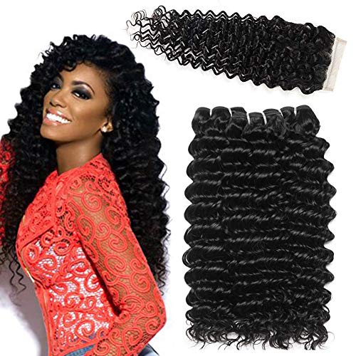 Preisvergleich Produktbild LVY Human Hair Bundles With Closure Curly Human Hair Weavon Brazilian Hair 3 Bundles With Closure Deep Wave Bundles With Closure Hochwertige Echte Haare (16 18 20+14 Zoll)