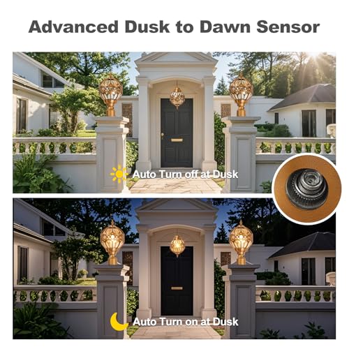 Dusk to Dawn Globe Outdoor Lamp Post Lights for Lawn Garden Yard Driveway, Brass Sphere Outside Post Light, Pier Mount Pillar Post Lighting Fixtures, Soccer Ball Exterior Pole Post Light(2 Pack)