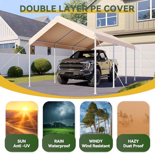 Image of Aoxun 10x20 FT Carport, Heavy Duty Car Canopy Portable Garage, Khaki