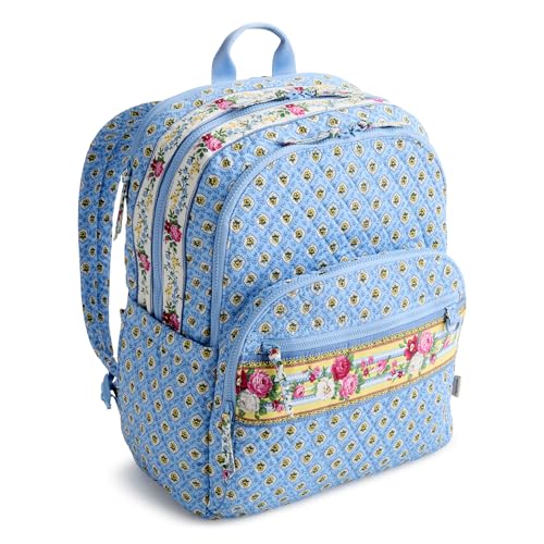 Vera Bradley Womens Premium Cotton Large Bancroft Backpack 15 Laptop & Trolley Sleeves Elizabeth Blue 28L
