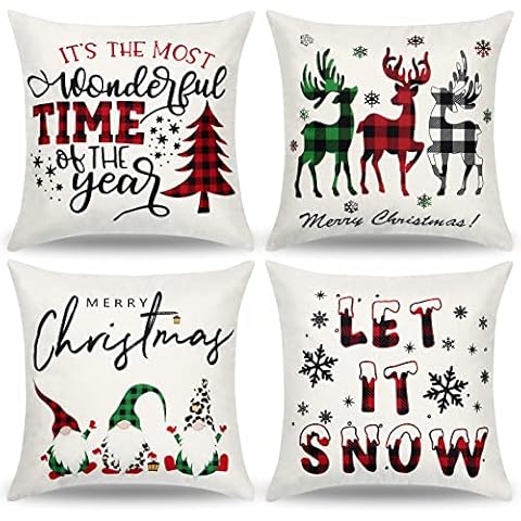 Betylifoy Christmas Cushion Covers Set of 4 Rustic Buffalo Check Cushion Cover Christmas Dwarfs Elk Snowflakes Cushion Cover for Christmas Holiday Party Decorations (Gnomes) Cover