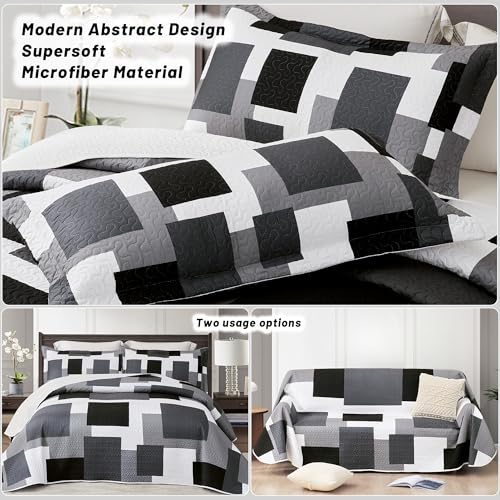 Image of Tyrot 3 Piece Black Grey Quilt Full /Queen Size Black White Gray Bedding Set | Lightweight Bedspread, Geometric Coverlet with 2 Sham, Modern Abstract Soft Microfiber, Bed Cover for All Season, 90''x96''