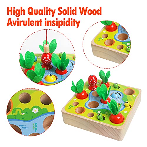 Montessori Toys For Toddlers 1 2 3 Years Old Boys Girls, Wooden Toys Carrot Harvest Game For Baby, Educational Toy Shape Sorting & Matching Puzzle, Magnetic Fishing Game Gifts For Kids 1-3 Ages #TOP1