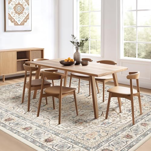8x10 Area Rugs Living Room: Washable Boho Large Neutral Vintage Soft Rug Stain Resistant Farmhouse Non Slip Indoor Floor Carpet for Bedroom Nursery Kids Playroom Office Dining Room- Cream Blue