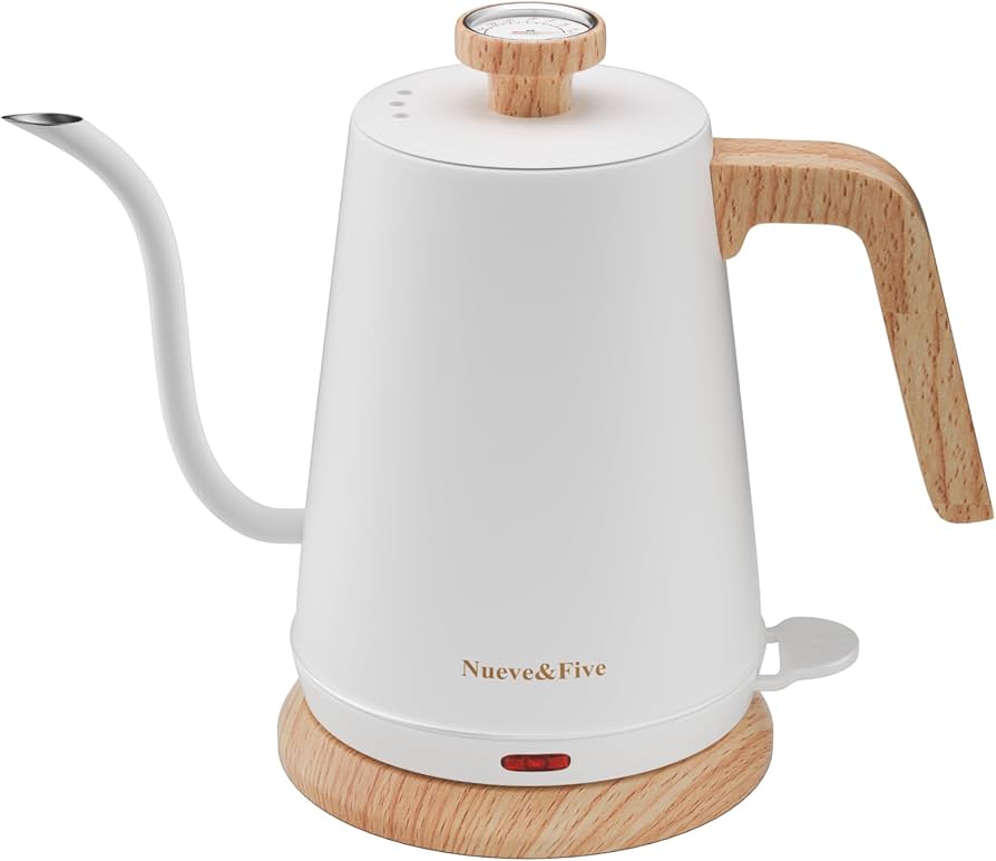 Nueve&Five Gooseneck Electric Kettle with Thermometer,Electric Tea Kettle 1L with Auto Shut-Off,1000W Hot Water Kettle of Stainless Steel,Pour Over Kettle for Coffee & Tea -White