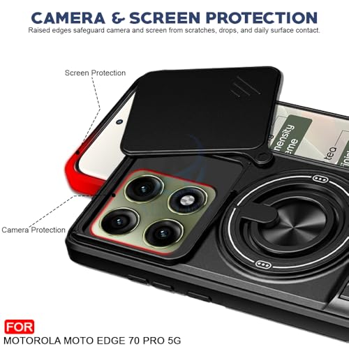 Image of AESTMO Moto Edge 70 Pro / 70 Pro Plus 5G Back Cover | Armor Camera Slider 360 Degree Rotating Finger Ring Holder Case with Bracket Stand Back Case Cover (Compatible with MagSafe Accessories) Black
