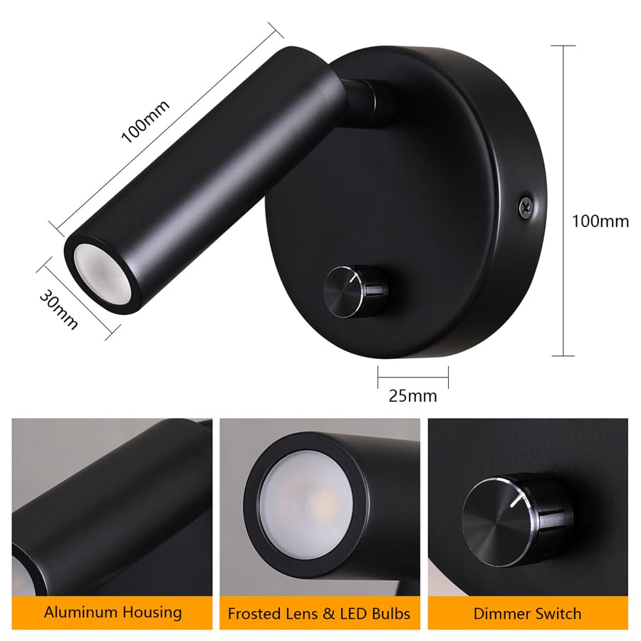 Image of Surface Wall Mounted Reading Light Sconces Lamp Physical Knob Dimmer Switch LED 5W Warm White 3000K (Black Hardwire)