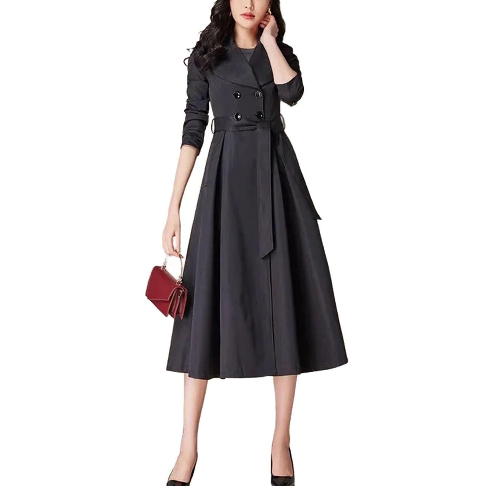 Womens Fashion Long Trench Coat Spring Glossy Double Breasted Windbreaker Slim Belt Casual Outwear