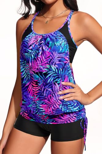 Image of Holipick Blouson Tankini Swimsuits for Women - Two Piece Tummy Control Bathing Suit with Shorts Modest Swimwear