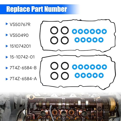 Image of Engine Valve Cover Gasket Set Compatible with 2007-2015 Ford Edge Flex Fusion Taurus X Lincoln MKS MKT MKX MKZ Mazda 6 CX-9 Mercury Sable 3.5L 3.7L V6 DOHC Replace # VS50767R