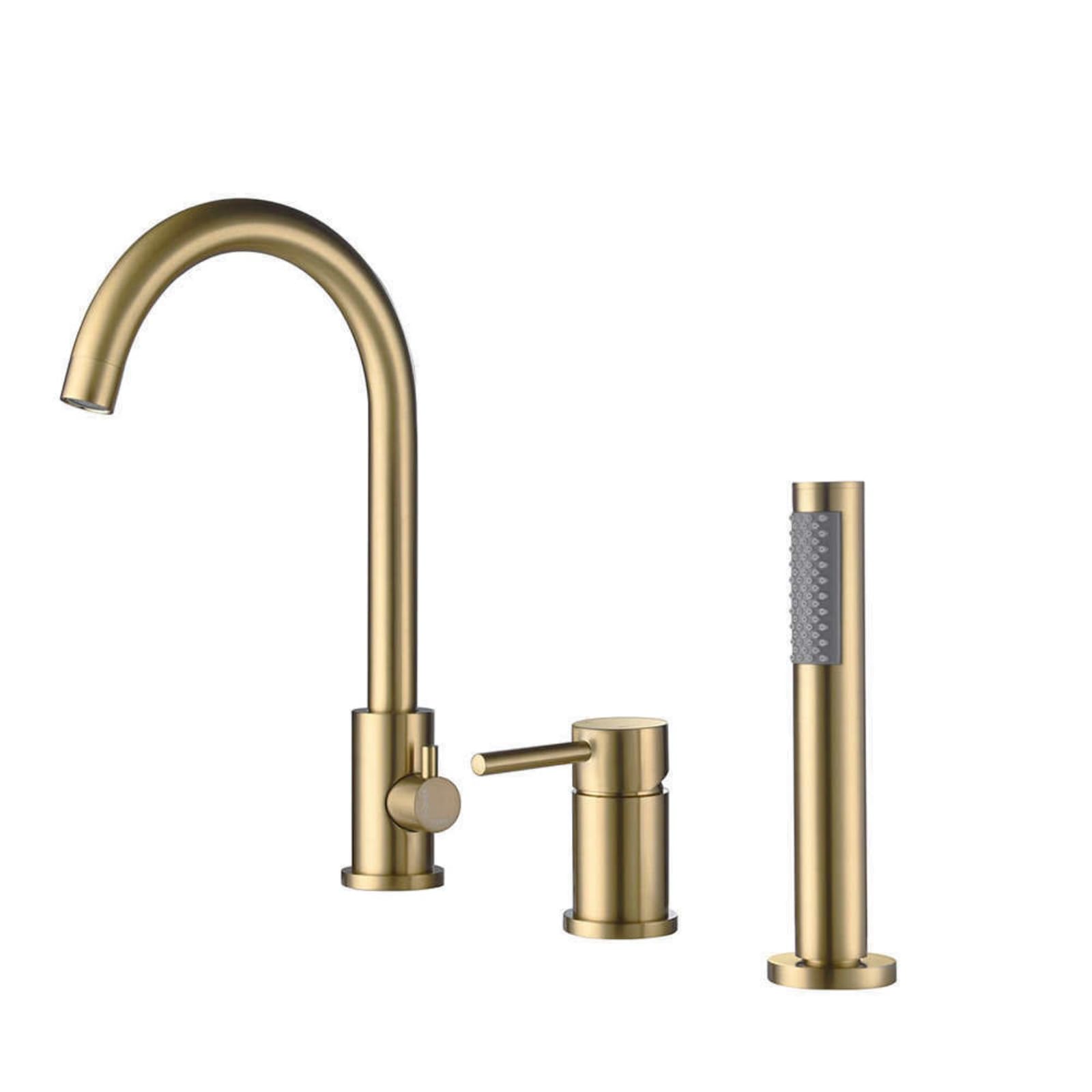 SnamicE Bath Mixer Taps with Shower Black 3 Hole Bath Taps 360 Swivel Tap Bath Tub Mixer Tap with Shower Head for Bath Taps,Brushed Gold