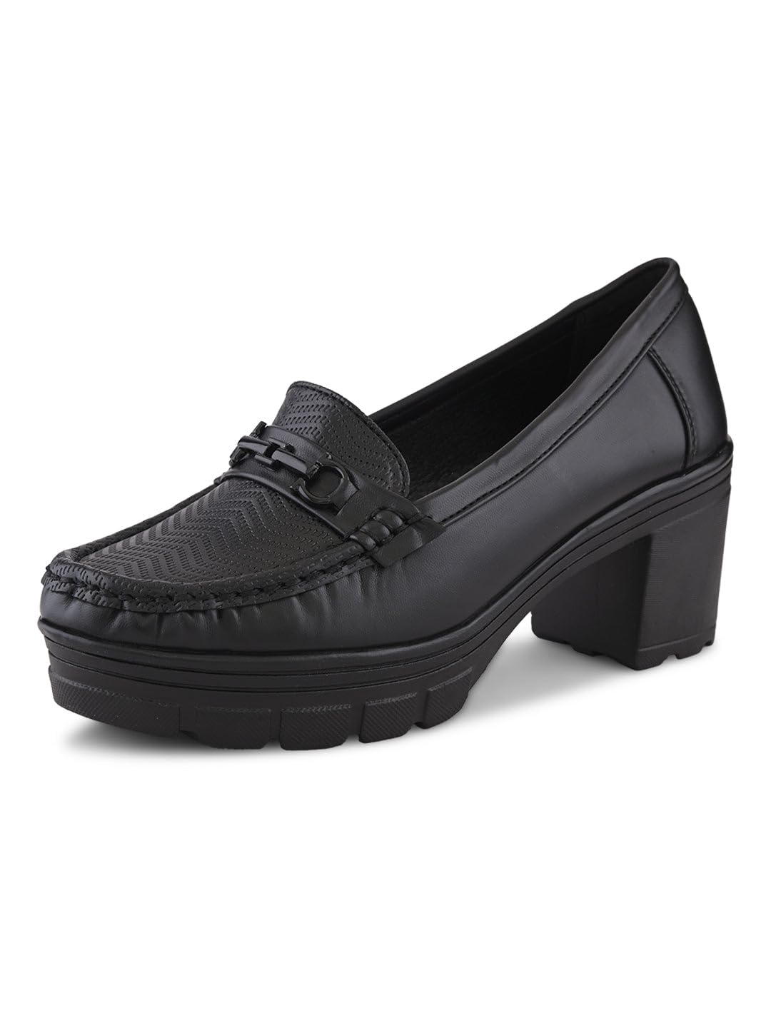 Women’s Block Heel Platform Loafers with Metal Bit Detail | Textured Upper | Soft Cushioned Insole | Comfortable Office & Formal Shoes for Girls & Women-image-17