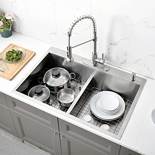33 Inch Drop In Double Bowl Kitchen Sink-Bokaiya 33X22 Stainless Steel Drop In Kitchen Sink Double Bowl Topmount 16 Gauge Deep 50/50 Low-Divide Double Bowl Kitchen Sink #TOP3