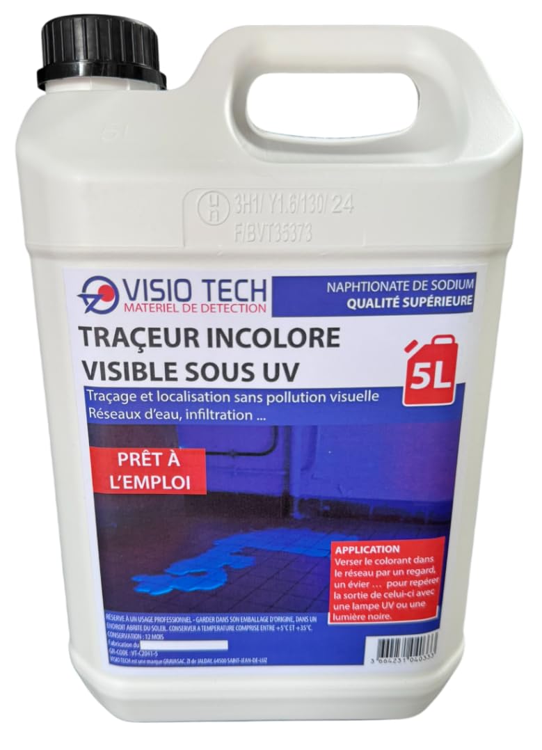Traceur incolore visible sous UV liquide de repérage infiltration eau 5L