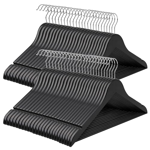 SONGMICS Wooden Hangers Set of 50 Coat Hangers Clothes Hangers with Shoulder Notches Anti-Slip Trousers Bar 360 Swivel Hook for Suits Shirts Coats Black and Silver CRW02B-50