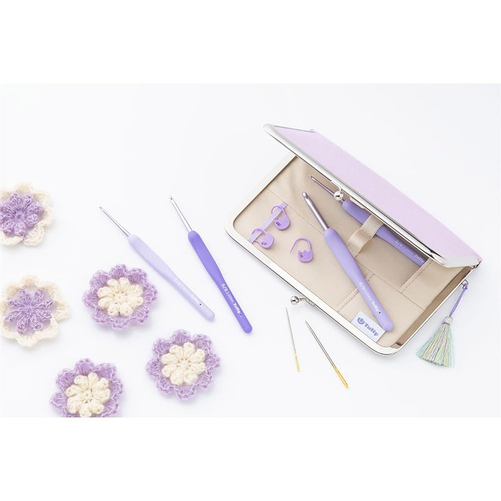 Tulip Etimo Murasaki Set de Ganchillos - 8 Ganchillos de Aluminio con Empuñadura Suave (2.00-6.00mm), Mango Ergonómico, Agujas para Lana y Marcadores de Puntos, Púrpura - 1 Set