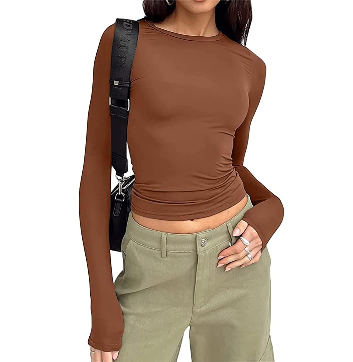 WPNAKSWomen Long Sleeve Crewneck Skinny Shirt Basic Slim Fit Crop Tops Layer T Shirts Going Out Tee Streetwear