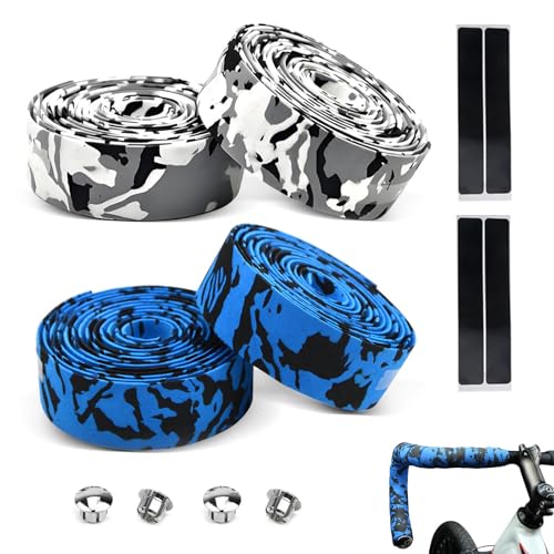Hiuyavy Bike Handlebar Tape 4 Rolls Road Bike Handle Tape Bicycle Bar Tape Breathable Non-Slip Shock-Absorbent for Road Bike and Urban Bikes with Handlebar Plugs(White Blue)