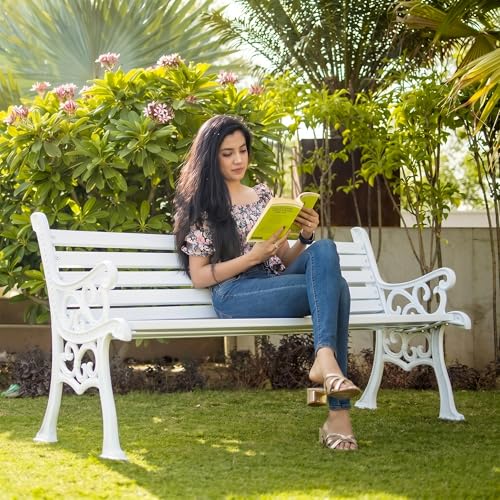 Image of BRISHI 3 Seater cast Iron Garden Bench for Indoor & Outdoor Park /Patio /Living Room /Terrace /Balcony (White)