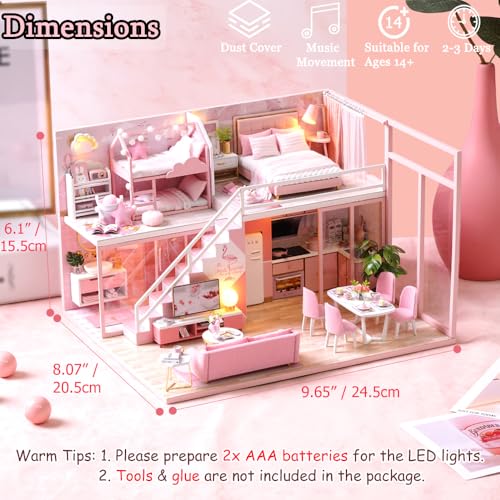 Image of TuKIIE DIY Miniature Dollhouse Kit with Furniture, 1:24 Scale Creative Room Mini Wooden Doll House Accessories Plus Dust Proof & Music Movement for Kids Teens Adults(Meeting Your Sweet)