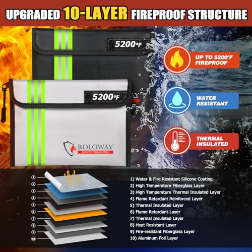 Image of ROLOWAY Fireproof Bag (9.6 x 6.6 inches) 5200℉ Heat Insulated with Reflective Strip, Fireproof Money Bag with Zipper for Cash (2-Pack)