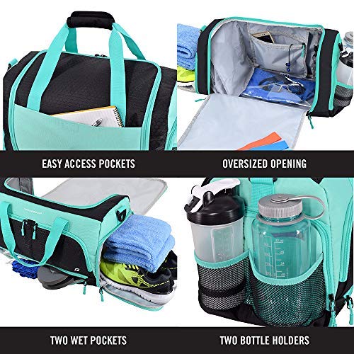 Ultimate Gym Bag 2.0: The Durable Crowdsource Designed Duffel Bag with 10 Optimal Compartments Including Water Resistant Pouch (Teal, Small (15