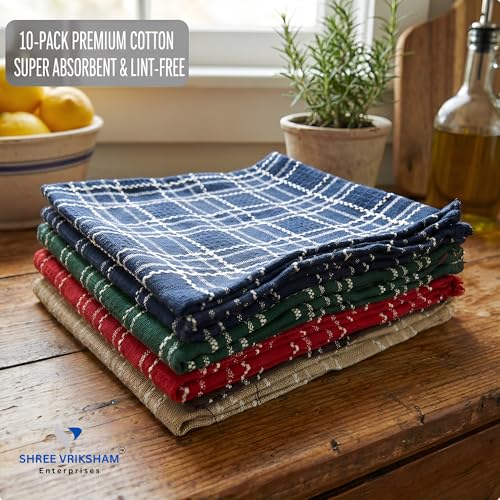 Image of Vriksham Premium Set of 10-Piece Pure Cotton Dish Towels - Highly Absorbent, Quick-Dry & Multipurpose Kitchen Cleaning Cloths,18 x 18 inch (10, Multi 18x18)