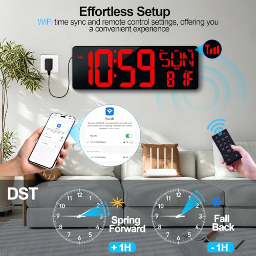 WiFi Sync Digital Wall Clock, 17.2" Large Red LED Display Date Week Temperature, Auto DST, Count-Up & Down Timer, APP & Remote Control Bedside Alarm Clock for Office Gym Elderly, Auto-Dimming - Image 2