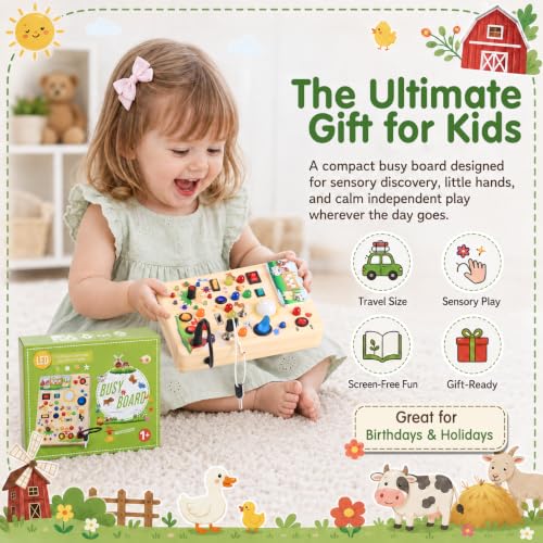 Image of Busy Board with LED Light Switches, Montessori Toys for 1 2 3 Years Old, Toddlers Wooden Toy Sensory Activity Board, Travel Toys for 1+ Year Old Boy & Girl Birthday Gift (Farm)