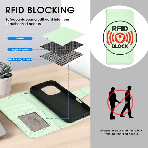 Funda libro para iPhone 2024 Pro verde anticaídas con soporte y billetera Arae 4
