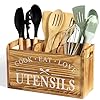 Kitchen utensil holder for countertop large solid wood farmhouse cooking utensils organizer for kitchen counter 3 compartments utensil spoon holder kitchen tool storage for home decor burned wood  urban country home decor