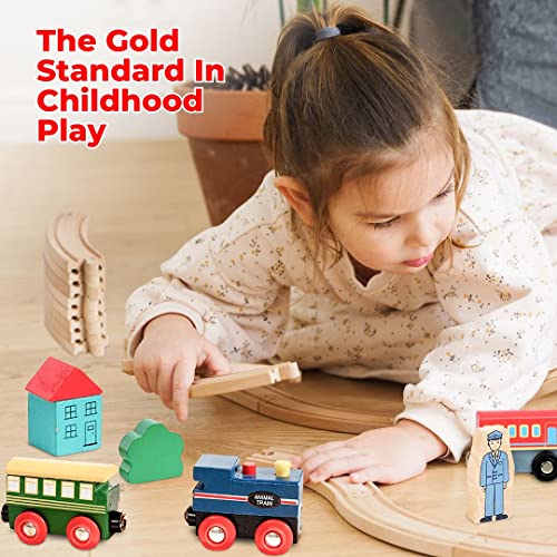 wooden train set 35 piece all in one wooden toy train tracks set with magnetic trains and railway accessories comes in a clear container compatible with all major brands