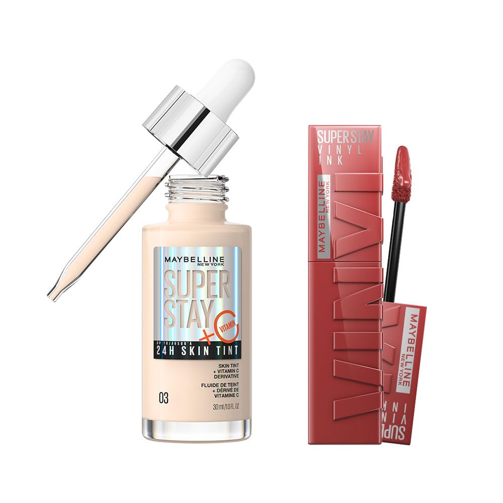 Maybelline New York Super Stay Vinyl Ink Uzun Süre Kalıcı Likit Parlak Ruj 35 Cheeky & Super Stay Skin Tint Fondöten - 03 Makyaj Seti