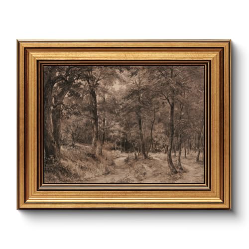 Image of HUARCEY Gold Framed Vintage Wall Art for Living Room Nature Painting Prints Shelf Decor for Kitchen Aesthetic Bedroom Wall Art Gifts Charcoal Landscape Home Decor Farmhouse Path Forest Canvas Artwork