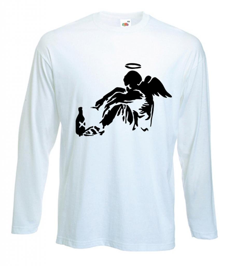 Tribal T-Shirts Mens Banksy Fallen Angel Long Sleeve T-Shirt (Medium, White)