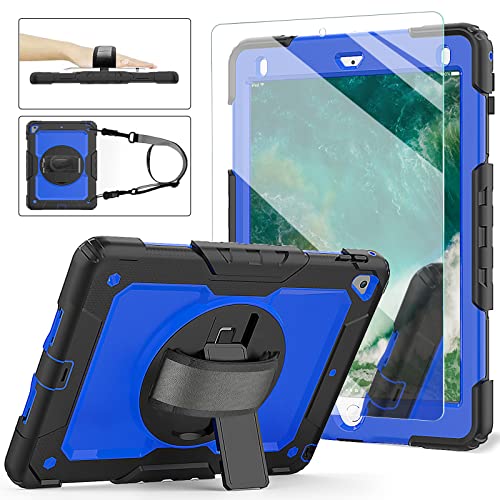 iPad 6th/5th Generation Case with Tempered Glass Screen Protector, iPad 9.7 Case 2018/2017, [360° Rotatable Hand Strap & Kickstand] Ambison Full Body Protective Case with Pencil Holder (Blue & Black)