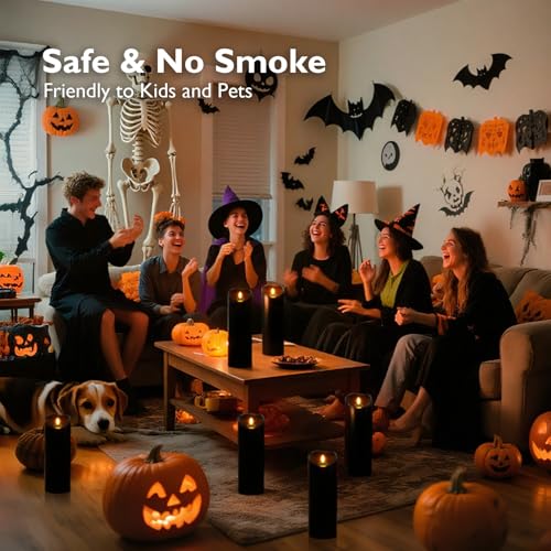 Image of Homemory 4 inchx12 inch Black Flameless Candles, Halloween Candles, Outdoor Waterproof Flameless Candles with Remote and Timers, Gothic, Battery Operated LED Pillar Candles, Won't Melt Plastic, 2Pack
