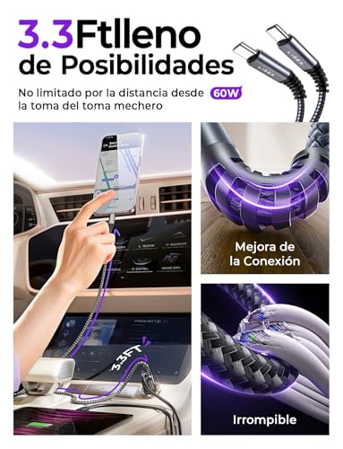LISEN Cargador Coche Carga Rápida Mechero USB C 69W+60W Cable, Accesorios Coche Camper Electrónicos Flash del Dia, Carregador Isqueiro Carro 12/24V Gadgets para iPhone 17 16 15 Samsung S25 Kindle iPad - imagen 5